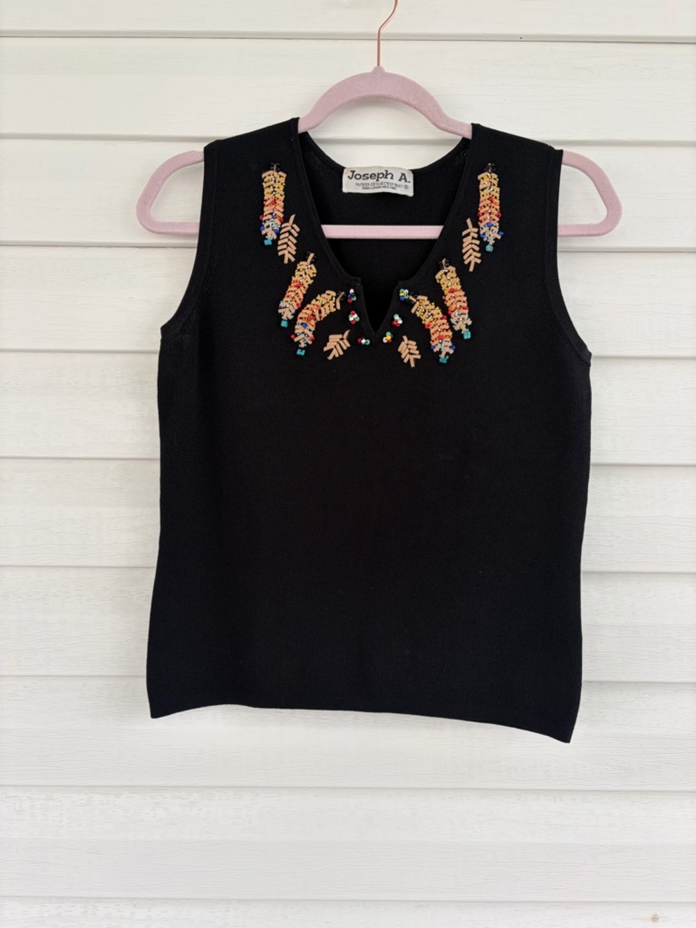 Joseph Black Beaded Tank Top Colorful Stitch Detail Minimal Chic